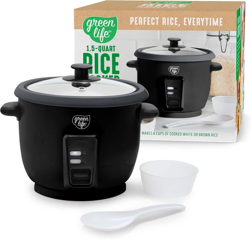 GreenLife Rice Cooker with Removable PFAS-Free Nonstick Pot, 3-Cups Uncooked/6-Cups Cooked, One-Switch Design, Auto Keep Warm Function, Soup, Grains, Oatmeal, Wood Handle, Black - Image 1